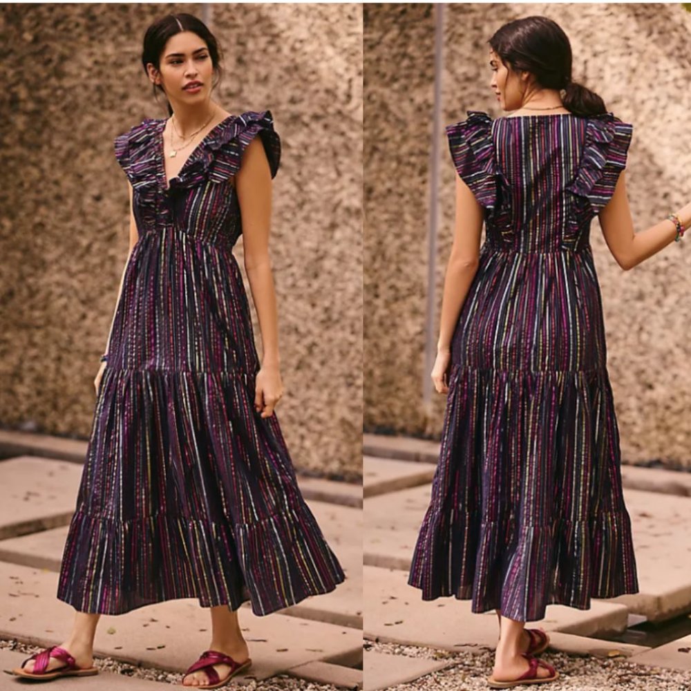 Roller Rabbit Ondine Rainbow Lurex Stripe V-Neck Cap Ruffle Midi Dress